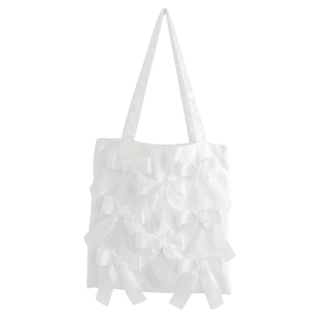 WHITE 　satin ribbon tote bag