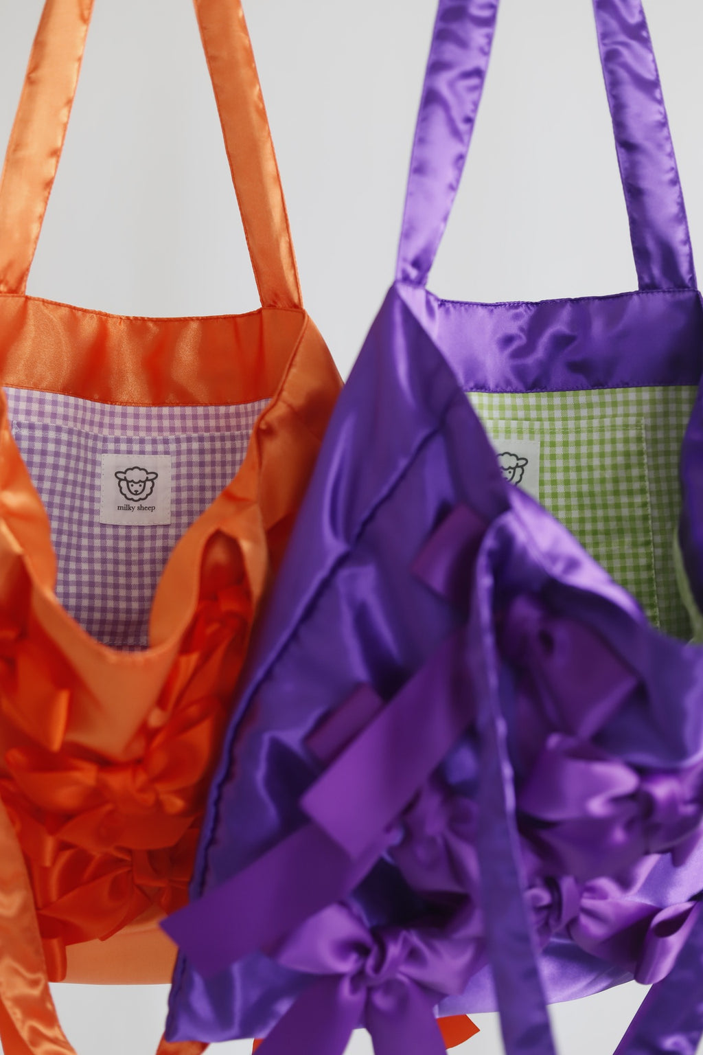 PASSION ORANGE × GINGHAM CHECK　 satin ribbon tote bag