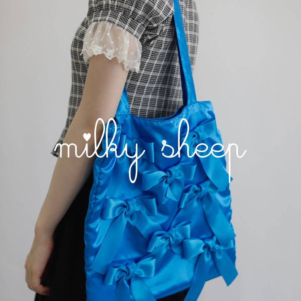 TURQUOISE BLUE satin ribbon tote bag